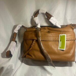 NWT OrYany Tan Brown Leather Woven Pockets Zipper Closure Satchel Crossbody Bag